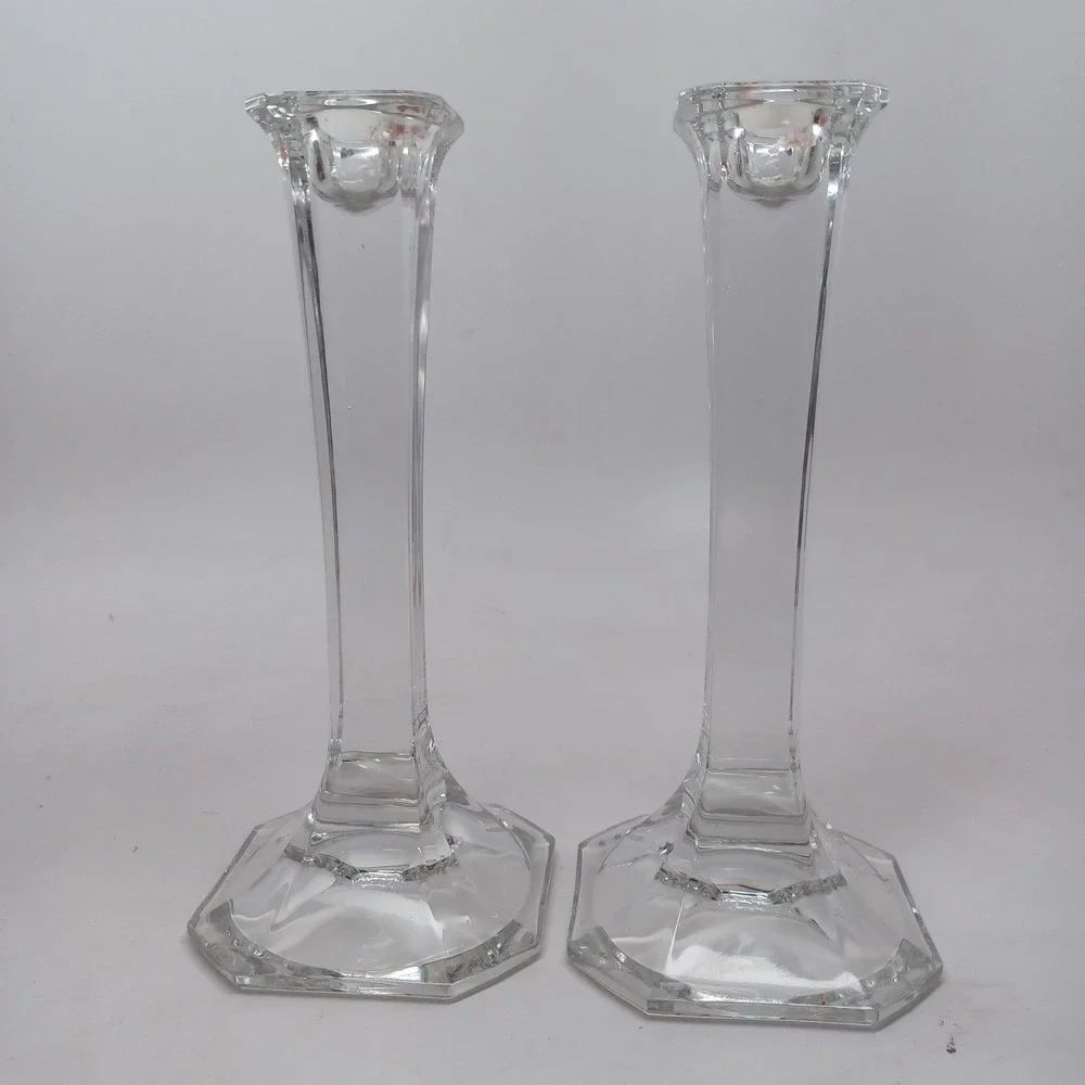 Vintage Clear Crystal Glass Hexagonal Base Taper Candlestick Holders Pair 7.75in